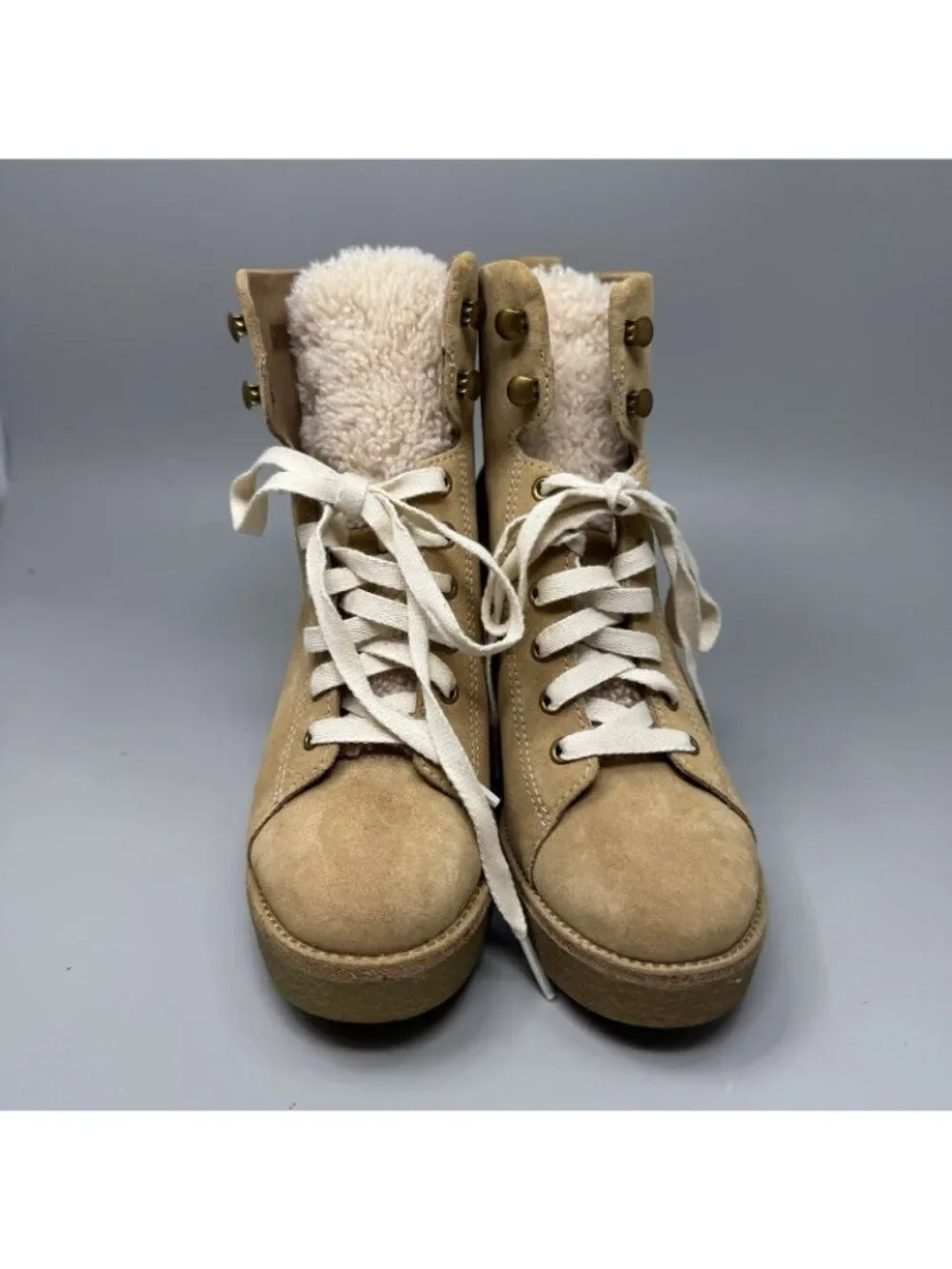 UGG Kiernan Womens 6.5 Sheep Skin Platform Wedge Ankle Lace-up Booties Tan